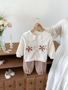 Miniweenns 2pcs/Set Baju Bayi Perempuan Musim Semi/Musim Gugur Rajut Kasual Motif Wafel Warna Kontras Kerah Renda Dekorasi Bunga 3D + Celana Panjang Manset - MultiWarna - View 5
