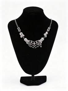 3pcs Halloween Dark Gothic Punk Skull Earrings & Necklace Set, Includes Skull Dangle Earrings And Skull Palm Spliced Necklace, Suitable For Halloween Party, Rock Music Festival And Subculture Themed Looks, Wearing The Set Enhances Visual Impact, Eye-Catching Accessories, Perfect Gift For Gothic Lovers (Necklace Color Is Gunmetal Black) - Multicolor 3 - View 9