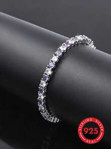 1pc High-End Exquisite 925 Sterling Silver Zirconia Tennis Chain Fashion Bracelet, Suitable For Women's Daily Wear, Gatherings, Commuting, Also As A Holiday Gift For Women - Purple - View 9