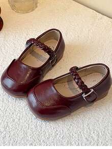 1 Pair Girls' Woven Mary Jane Leather Shoes, Shiny Round Toe, Soft Sole Anti-Slip, Princess Style Casual Shoes, Suitable For All Seasons - Red - View 3