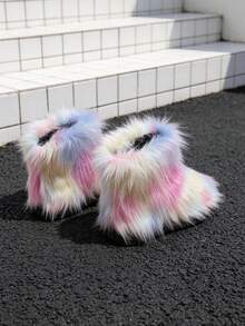 1 Pair Kids Gradient Striped Long Fur Plush Ankle Boots, Loose Cuff Style, Playful Outfit, Suitable For Holiday Atmosphere, Perfect For Winter Outings - Pink - View 9