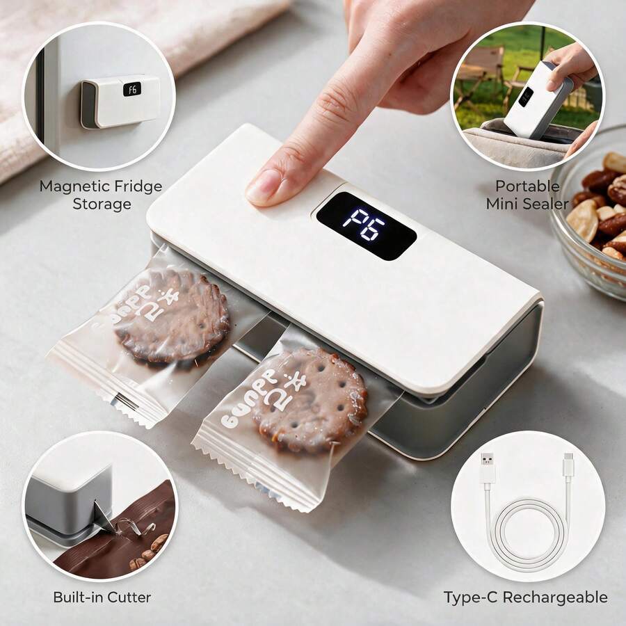 Portable Rechargeable Mini Heat Sealer, 6-Level Digital Display Heat Sealing Machine, Built-In Cutter And Magnetic Attachment, Type-C Interface, Suitable For Home Kitchen Outdoor Snack Bags