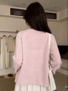 [Y6Y]Korean Style Slouchy Solid Color Round Neck Long Sleeve Knit Cardigan, Autumn Fashion Loose Fit Outerwear Jacket - Pink - View 2