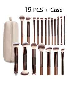 19 PCS Double-Ended Makeup Brush Set With Case Professional Foundation Powder Concealers Eyeshadow Blush Soft Bristles - Khaki - View 1