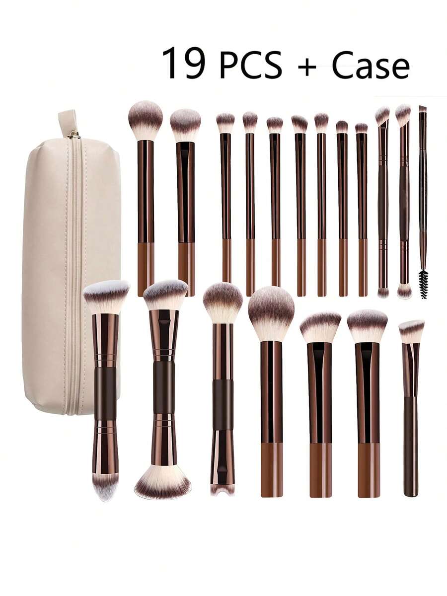 19 PCS Double-Ended Makeup Brush Set With Case Professional Foundation Powder Concealers Eyeshadow Blush Soft Bristles - Khaki - View 1