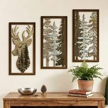 3Pcs Wooden Deer Forest Wall Decor, Rustic Cut‑Out Wood Wall Art, Farmhouse Christmas Hanging Ornament, Nature‑Inspired Wall Plaque For Living Room Bedroom, Cabin Home Accent, Vintage Wood Cutout Wall Sculpture For Indoor Holiday Home Decoration - Reindeer Style - View 1