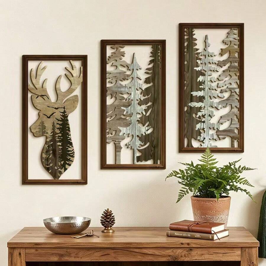 3Pcs Wooden Deer Forest Wall Decor, Rustic Cut‑Out Wood Wall Art, Farmhouse Christmas Hanging Ornament, Nature‑Inspired Wall Plaque For Living Room Bedroom, Cabin Home Accent, Vintage Wood Cutout Wall Sculpture For Indoor Holiday Home Decoration - Reindeer Style - View 1