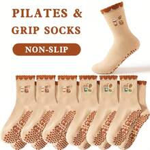 1/2/3/6 Pares de Meias de Cano Médio Antiderrapantes para Pilates e Yoga Femininas, com Bordado de Abóbora Cartoon, Punho Franzido e Aderência de Silicone, Meias Esportivas para Dança, Corrida e Balé, Presente Ideal para o Halloween - Multicolorido - Visão 1