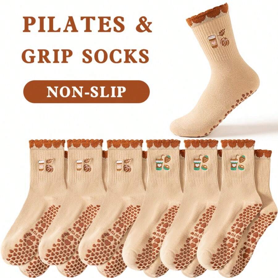 1/2/3/6 Pares de Meias de Cano Médio Antiderrapantes para Pilates e Yoga Femininas, com Bordado de Abóbora Cartoon, Punho Franzido e Aderência de Silicone, Meias Esportivas para Dança, Corrida e Balé, Presente Ideal para o Halloween - Multicolorido - Visão 1