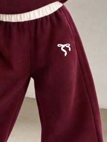 Young Girl Cartoon Bow Print White Collar Pullover Warm Sweatshirt And Pants Set - Burgundy - View 5