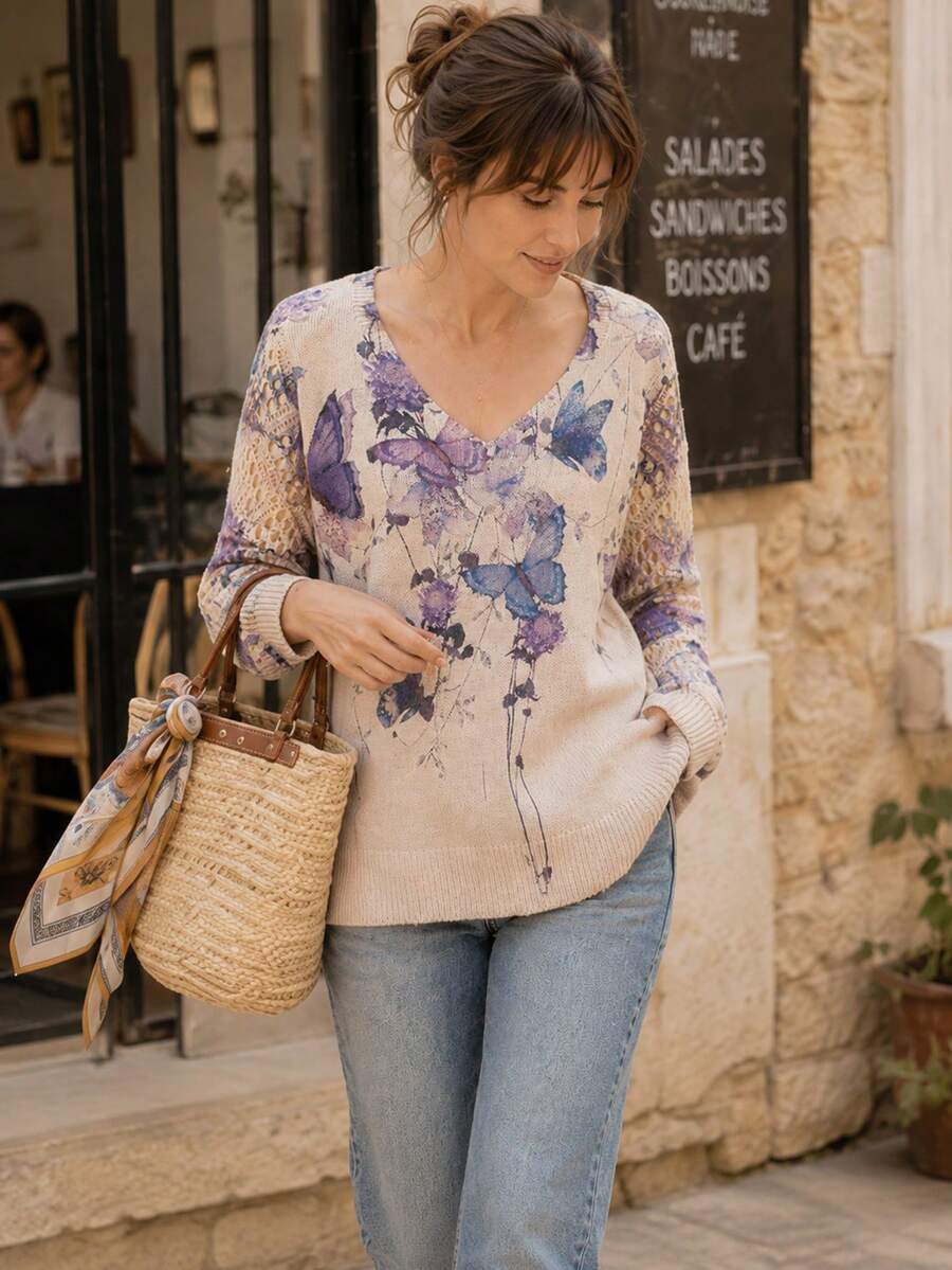 Elegant Floral Print V-Neck Long Sleeve Sweater, Versatile For Spring, Summer, Autumn, Winter, Bohemian Style, Travel Vacation Fall - Purple - View 1