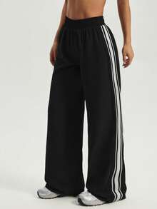 Women's Sports Side Patchwork Fashion Webbing Cuff Split Straight Leg Pants, Suitable For Daily Commute And Casual Sports - Black - View 4