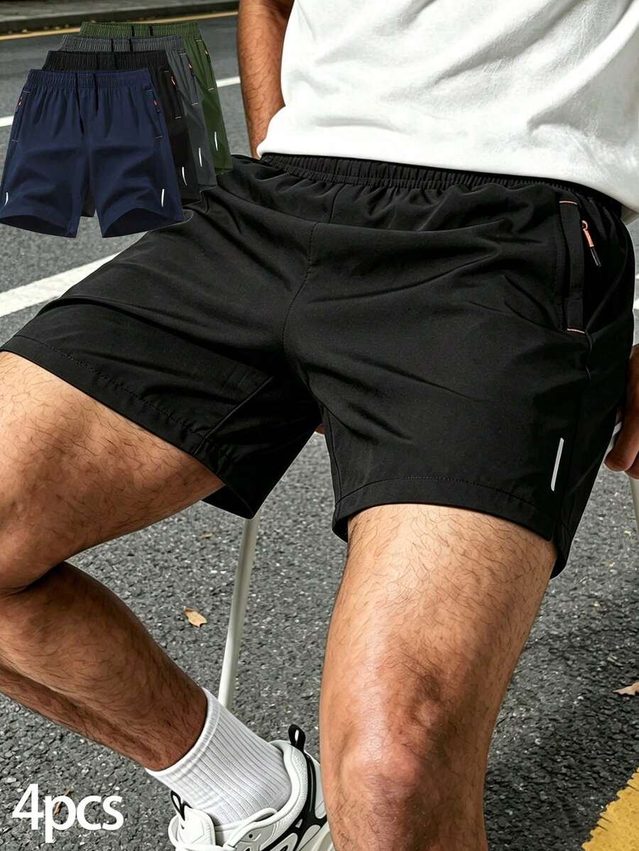 4 piezas/Paquete Pantalones cortos estilo novio para hombre con tira reflectante y cordón interno, longitud hasta la rodilla, para entrenamiento, deportes al aire libre, colores surtidos de verano