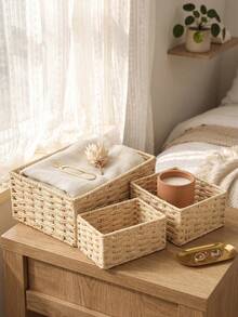 Hand‑Woven Storage Baskets 1PC/3PCS S+M+L Set, Multifunctional Desktop Organizer Trays, Rattan‑Style Woven Basket For Cosmetics Keys Snacks, Decorative Storage Bin For Bedroom Living Room Study Office, Home Decor Gift Basket For Household Tidy‑Up - Beige - View 2