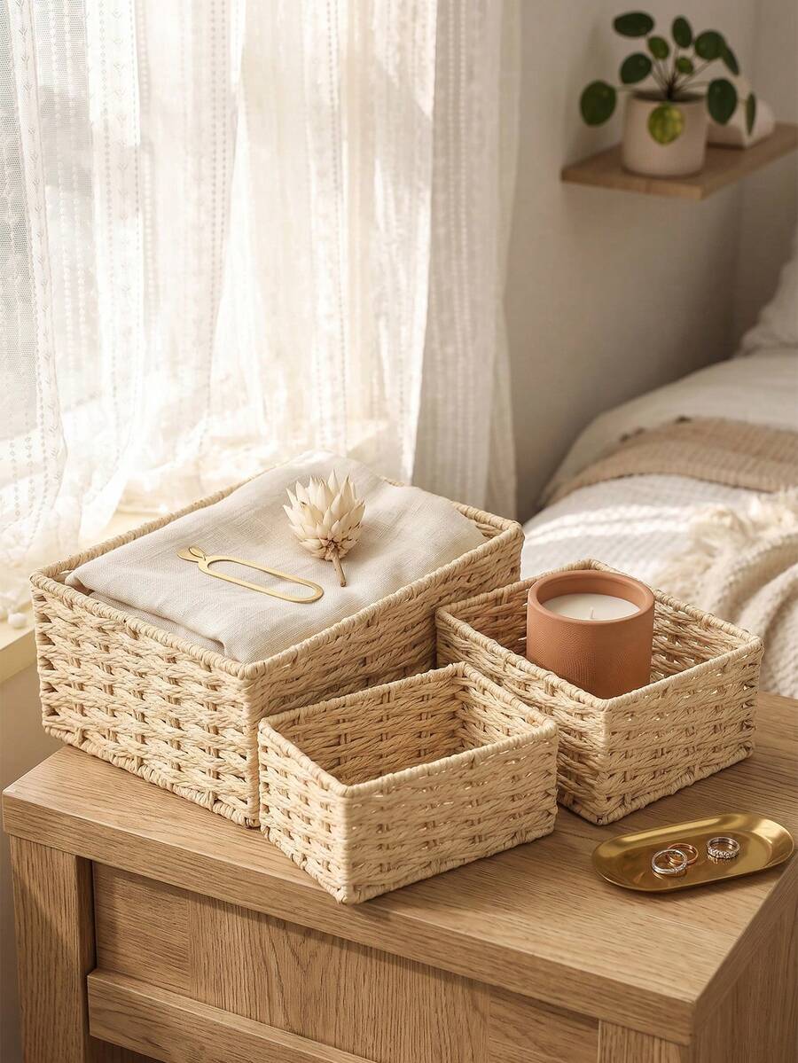 Hand‑Woven Storage Baskets 1PC/3PCS S+M+L Set, Multifunctional Desktop Organizer Trays, Rattan‑Style Woven Basket For Cosmetics Keys Snacks, Decorative Storage Bin For Bedroom Living Room Study Office, Home Decor Gift Basket For Household Tidy‑Up
