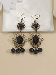 1 par de pendientes vintage exagerados de mujer con girasol negro y pequeñas cuentas negras, decoración de colgante de gargantilla gótica - Multicolor - Ver 4