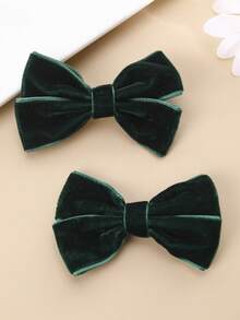 2pcs Dark Green Velvet Bow Hair Clips For Girls, Cute Bow Barrettes, Alligator Clips, Daily Party Hair Accessories - Multicolor - View 2