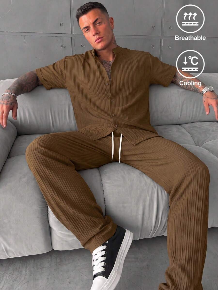 YUNCHIC Summer Ice Silk Textured Coffee Brown Stand Collar Short Sleeve Set Men's Thin Breathable Casual 2 Pieces Outfit Vacation Commute Drape Long Pants - Coffee Brown - View 1