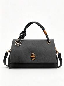 Premium PU Flap Women's Bag, Unique Knotted Twisted Top Handle, Minimalist Versatile Small Square Bag, Suitable For Commuting, Daily Outings And Dating - Black - View 9