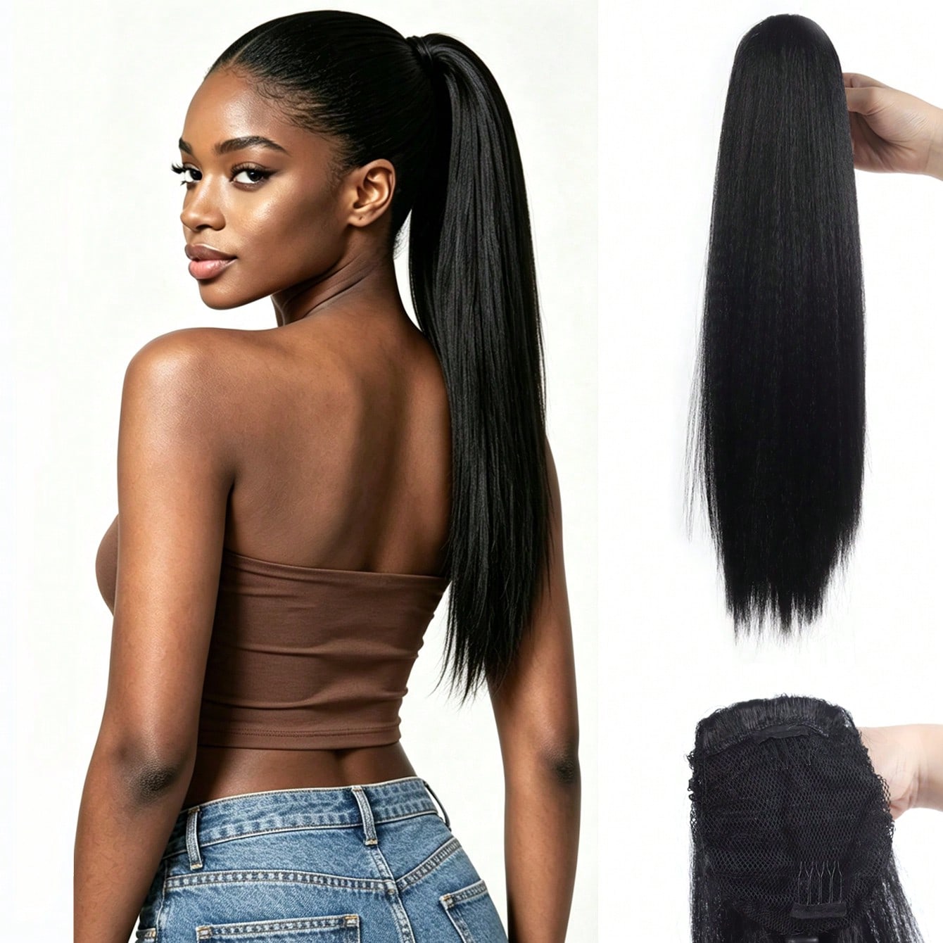 20 Inch Curly Yaki Ponytail Hair Extension, Drawstring Water Wave Ponytail Hair Extension, Straight Ponytail