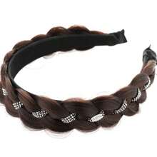 Wig Headband With Rhinestones And Pearls, Fishbone Braided Hair Accessory To Cover Hair Part And Add Volume - Black - View 2