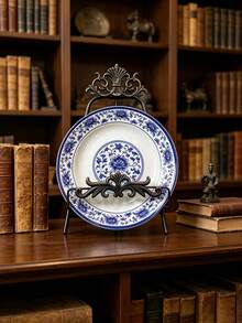 Vintage Ornate Iron Plate Display Stand Decorative Dish Holder Retro Scrollwork Easel For Picture Photo Frame Desktop Vanity Cabinet Tabletop Home Ornament Housewarming Gift - Retro - View 3