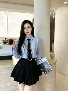 1pc Women's Luxury Evening Style Black Long Tie With Rhinestone Eyelet Design, Pre-Tied Necktie, Exquisite Commute Party Shirt Accessory - Green Rhinestone Studs - View 9