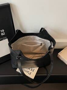 Sac fourre-tout à l'épaule vintage de couleur unie en PU, convient pour les femmes pour le shopping, les déplacements, l'utilisation quotidienne et les étudiants pour la rentrée scolaire - Noir - Voir 5