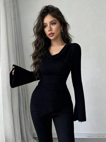 Long Sleeve Top Fall Clothes For Women Featuring Ribbed-Knit Texture, An Off-Shoulder Neckline, And A Slim Fit, This Grey Or Black Long-Sleeve Top Of