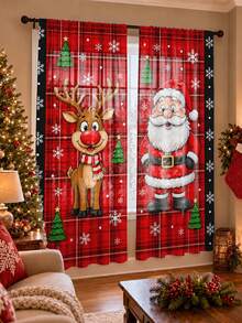 2Pcs Cartoon Santa Claus & Red Nose Reindeer Curtains, Red Plaid Winter Print Pattern, Holiday Window Decor, Semi-Sheer Rod Pocket Curtains, Suitable For Living Room And Bedroom, Rod Not Included, Living Room Christmas Curtains - Cartoon - View 9