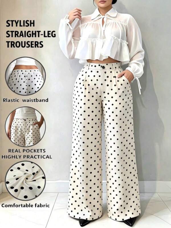 Women's Plus Size Spring/Summer Polka Dot High Waist Draped Pleated Tailored Trousers, Workplace And Casual Wear Fall