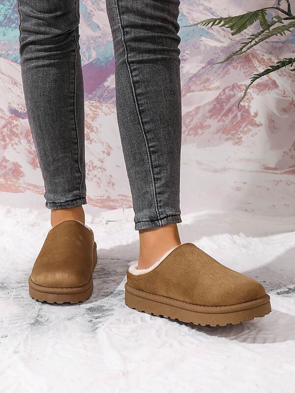 Women's Minimalist Solid Color Casual Fleece Lined Plush Slippers For Commuting And Home Wear In Winter