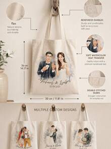 Tas Tote Potret Foto Kustom, Nama dan Tanggal yang Dipersonalisasi, Tas Bahu Seni Cat Air, Hadiah Sentimental untuk Pasangan, Ulang Tahun Pernikahan, dan Penggunaan Sehari-hari - MultiWarna - View 5