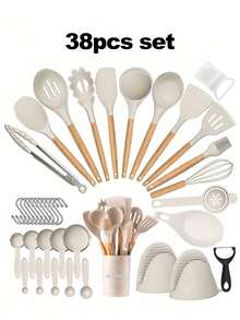 Juego de 36 piezas, 36 piezas de utensilios de cocina de silicona, juego de utensilios de cocina resistentes al calor con mangos de madera, utensilios de cocina antiadherentes, que incluyen cucharas raspadoras, accesorios de cocina, artículos de cocina para el hogar - Caqui - Ver 15