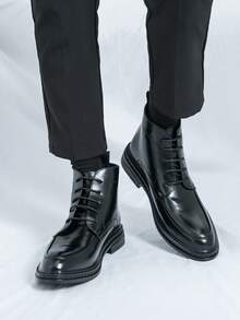 Men's Lace-Up High-Top Dress Boots, Pointed Toe Ankle Boots For Commuting, Business, Urban Style, Daily Wear, Casual, Versatile, Travel And Hiking - Black - View 9