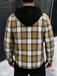 GloMan Men's Flannel Shackets Yellow‑White Plaid Black Hood Button Up Long Sleeve Shirt, Fall/Winter For Office Commute,Family Gather,Husband - Brown - View 5