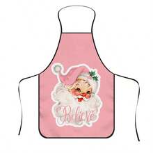 1pc Vintage Pink Santa Claus Print Apron, Santa Claus Wearing Pink Christmas Hat With Holly Berry Accents, Sweet Fresh Vintage Style, Durable Cooking Apron Suitable For Bakers, Cake Decorators, BBQ Enthusiasts, Gardeners, Painters, Nail Artists, Etc. - Perfect Gift For Home And Professional Chefs - Multicolor - View 1