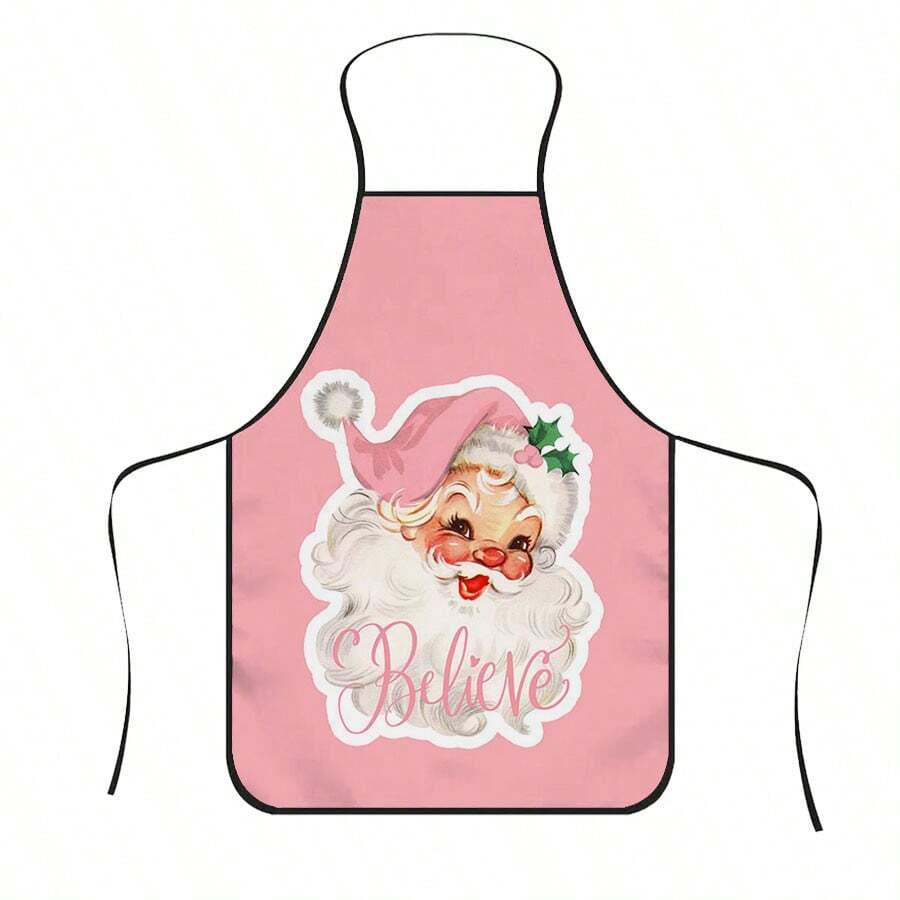1pc Vintage Pink Santa Claus Print Apron, Santa Claus Wearing Pink Christmas Hat With Holly Berry Accents, Sweet Fresh Vintage Style, Durable Cooking Apron Suitable For Bakers, Cake Decorators, BBQ Enthusiasts, Gardeners, Painters, Nail Artists, Etc. - Perfect Gift For Home And Professional Chefs - Multicolor - View 1