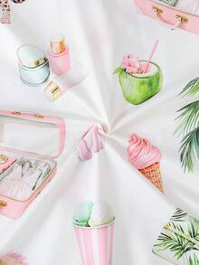 Plus Size 3-Piece Pajama Set For Women, Cool Short Sleeve, Plus Size Sleepwear Set, Plus Size Body, 3-Piece Set, Shorts And Long Pants, Lapel Button Short Sleeve, All Season Wear, Plus Size, Home Wear, Comfortable And Loose, Coconut Tree Tiger Flamingo Vacation Style Print - White - View 8