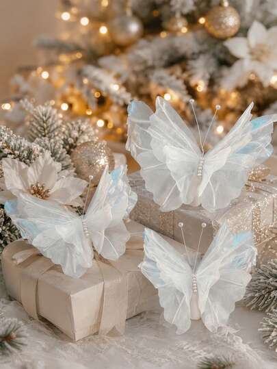 2 Stücke/1 Stück Stücke/ großer irisierender künstlicher Schmetterling mit perlenweißen Gaze-Flügeln, geeignet für Weihnachtsbaumdekoration, Hochzeit, Partydekoration, mit perlenfarbenen Flügeln, hängender Kunststoff-Insekt, Weihnachtsdekoration, Kaminsims, Fensterdekoration, Blumenarrangement