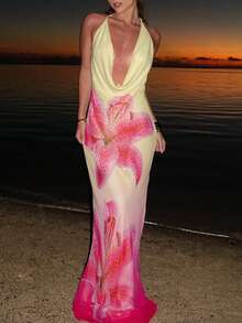 Gradient Lily Flower Print Halter Maxi Dress, Deep V Draped Mesh Bodycon Mermaid Dress Elegant Summer - Multicolor - View 2