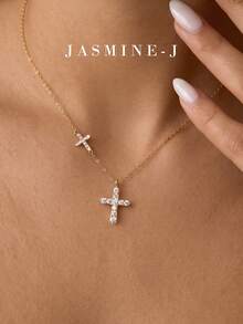 1pc S925 Sterling Silver Full Rhinestone Double Cross Necklace, Pure Silver Plated 14K Gold Women's Jewelry Layered Necklace, Full Rhinestone Cross Necklace, Double Cross Necklace, Unique Design, Simple And Versatile, Suitable For Women's Daily/Party Wear - Multicolor - View 12