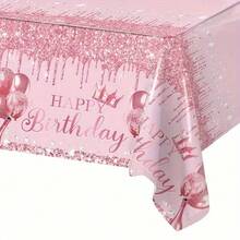 1pc Pink Rectangular Party Tablecloth, Plastic Material, With Crown Balloon Glitter Drip Print, Waterproof Oil-Proof Disposable, Suitable For Adult Theme Birthday, Anniversary, Small Gathering, Dinner Party Decoration, Create Exquisite Romantic Party Atmosphere - A - View 1