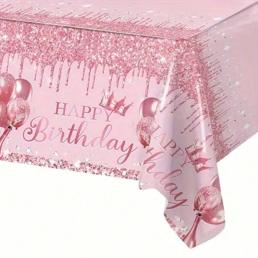 1pc Pink Rectangular Party Tablecloth, Plastic Material, With Crown Balloon Glitter Drip Print, Waterproof Oil-Proof Disposable, Suitable For Adult Theme Birthday, Anniversary, Small Gathering, Dinner Party Decoration, Create Exquisite Romantic Party Atmosphere - A - View 1