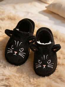A Pair Of Fashionable And Cute Cartoon Black Cat Embroidered And Decorated Warm Slippers, Suitable For Children To Wear - Black - View 1