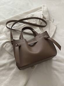 Solid Color Minimalist Lychee Textured Handbag, Crossbody Bag With Strap, Buckle Bucket Bag - Coffee - View 9