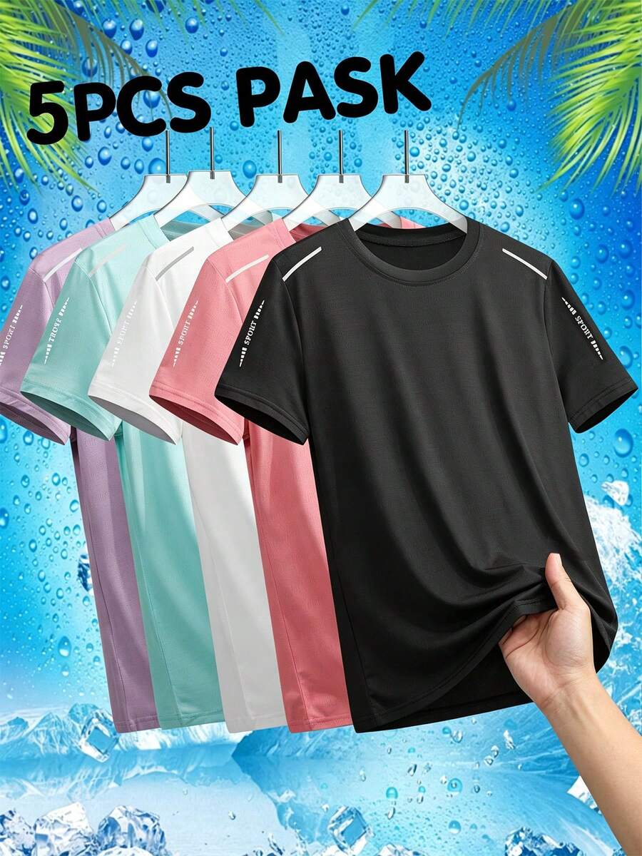 [5pcs]Women's New Quick-Dry Short Sleeve T-Shirts, Multi-Color Round Neck With Reflective Shoulder Stripes, Ice-Feel Breathable Mesh Fabric, High Elasticity Loose Fit Slimming, Commute, Jogging Fitness Essential, Versatile Solid Color T-Shirts Suitable For Daily Wear, Outdoor Hiking, Yoga Fitness, Practical Gift For Girlfriend, Best Friend, Mom - Multicolor - View 1