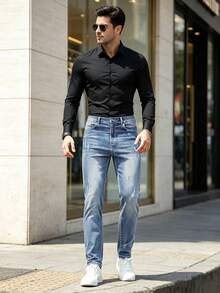 Herrbyxor i stretchig slim fit i tvättad denim, lämpliga för daglig pendling året runt, med broderat mönster - Ljustvätt - Visa 5