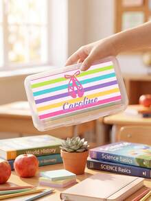 1pc Personalized Clear Plastic Pencil Case, Custom Text Pencil Box, Cute Pattern Stationery Storage Box, Back To School Gift For School - Multicolor - View 3