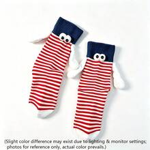 1 Pair Funny 3D Holding Hands Mid-Calf Socks, Novel Striped Socks With Plush Big Eyes And Soft Hand Decoration, Suitable For Couples, Family Gatherings, Party Gifts, Daily Home Couple Outfits - Multicolor - View 13
